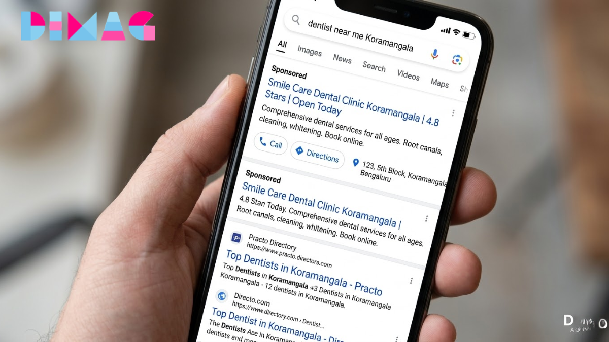 Google Ads campaign structure dashboard showing clinic service categories and geographic targeting settings