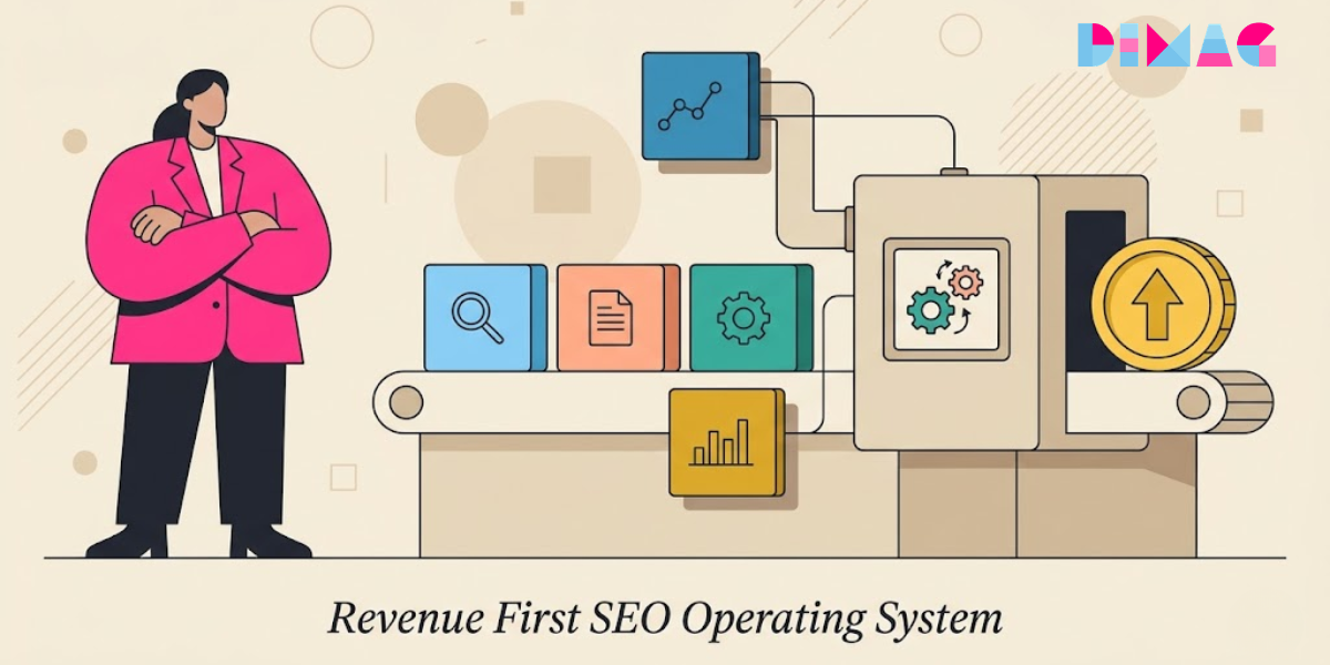 Diagram showing how a revenue-first SEO engagement connects buyer intent research, conversion-engineered content, technical foundation, and pipeline-attributed reporting into one operating system