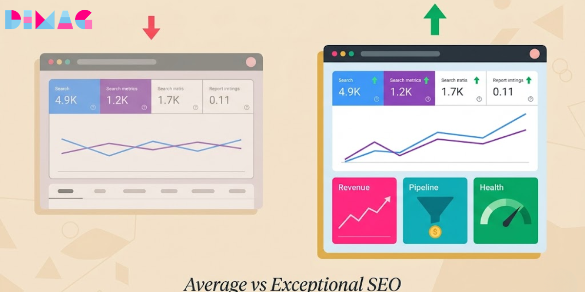 Side-by-side comparison showing an average SEO services dashboard with traffic and rankings versus an exceptional SEO services dashboard with pipeline attribution, technical health and revenue contribution