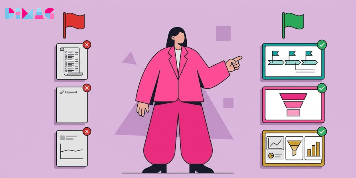 Side-by-side comparison showing busy-work SEO outputs like raw audit lists, word-count content and volume-driven keyword research versus revenue-generating SEO outputs like implementation timelines, funnel-stage content and journey-mapped keywords