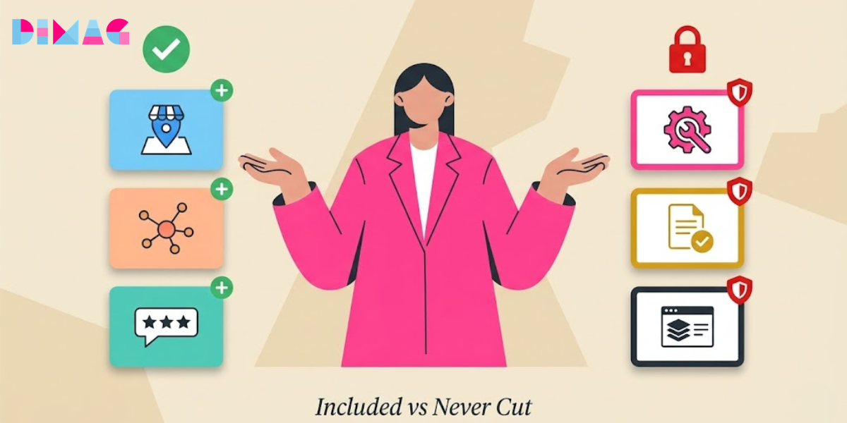 Diagram showing the three required components of affordable local SEO services on one side and the three non-negotiable foundations on the other side with a clear distinction between what gets included versus what should never get cut