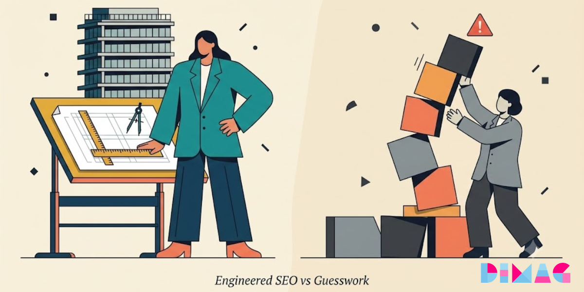 Side by side comparison contrasting buzzword-level execution of AI SEO E-E-A-T and topical authority against real implementations showing editorial QA layers verifiable credentials and documented topic clusters with measurable rank share