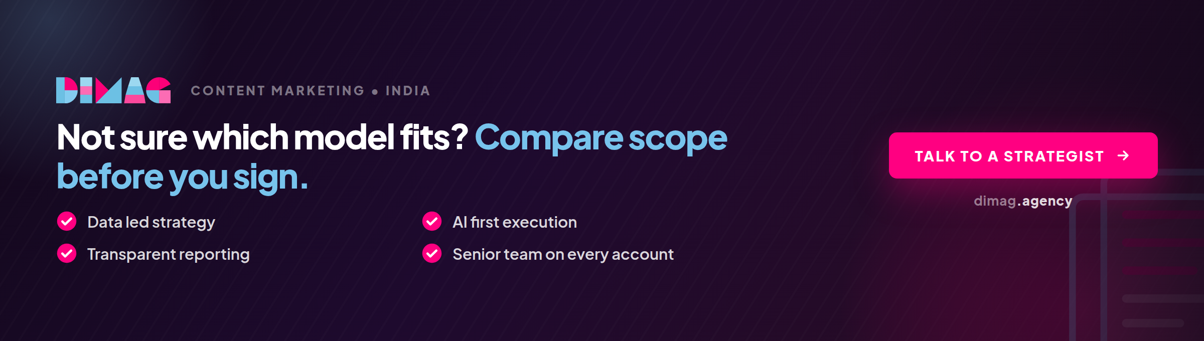 Side by side comparison chart showing retainer, project and performance based content marketing engagement models mapped against risk, control and payment timing for each structure