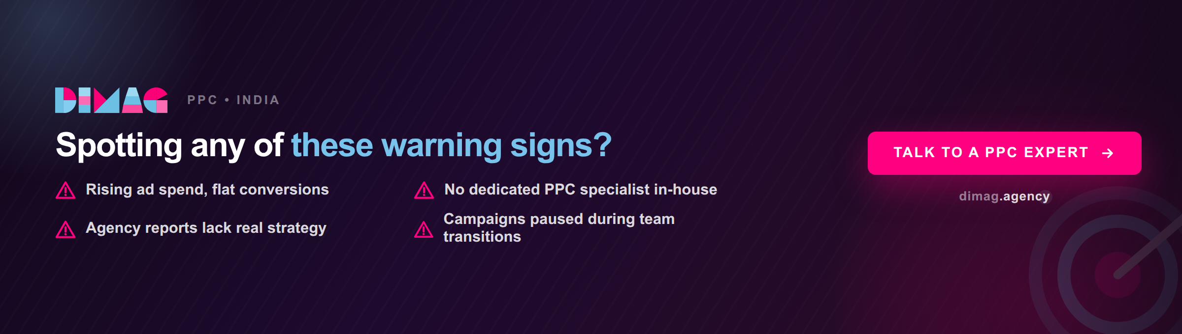 Timeline graphic showing campaign performance dropping when a single in-house PPC operator becomes unavailable, compared to a managed program maintaining continuity through team based coverage.