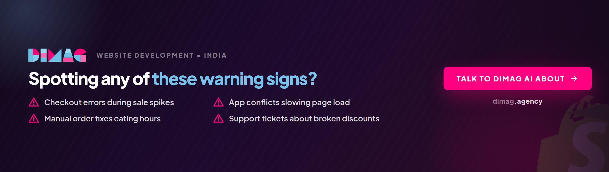 Growth stage diagram mapping D2C order volume against the right Shopify intervention, from theme optimization through Plus migration to custom app development