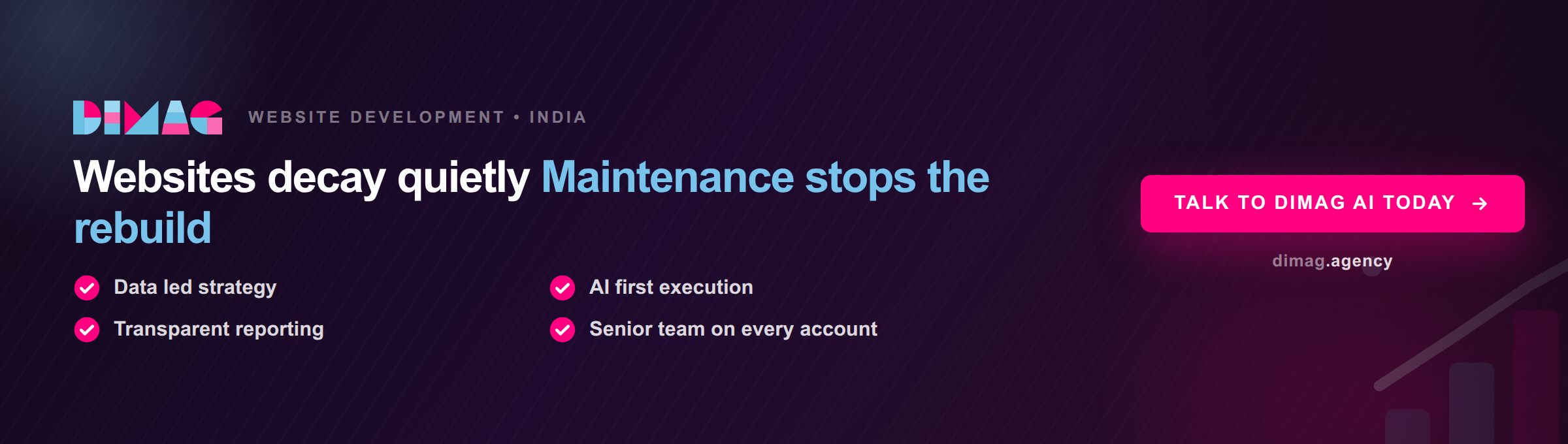 Dashboard mockup showing a monthly maintenance checklist covering security patches, uptime monitoring and content review tasks for a business website